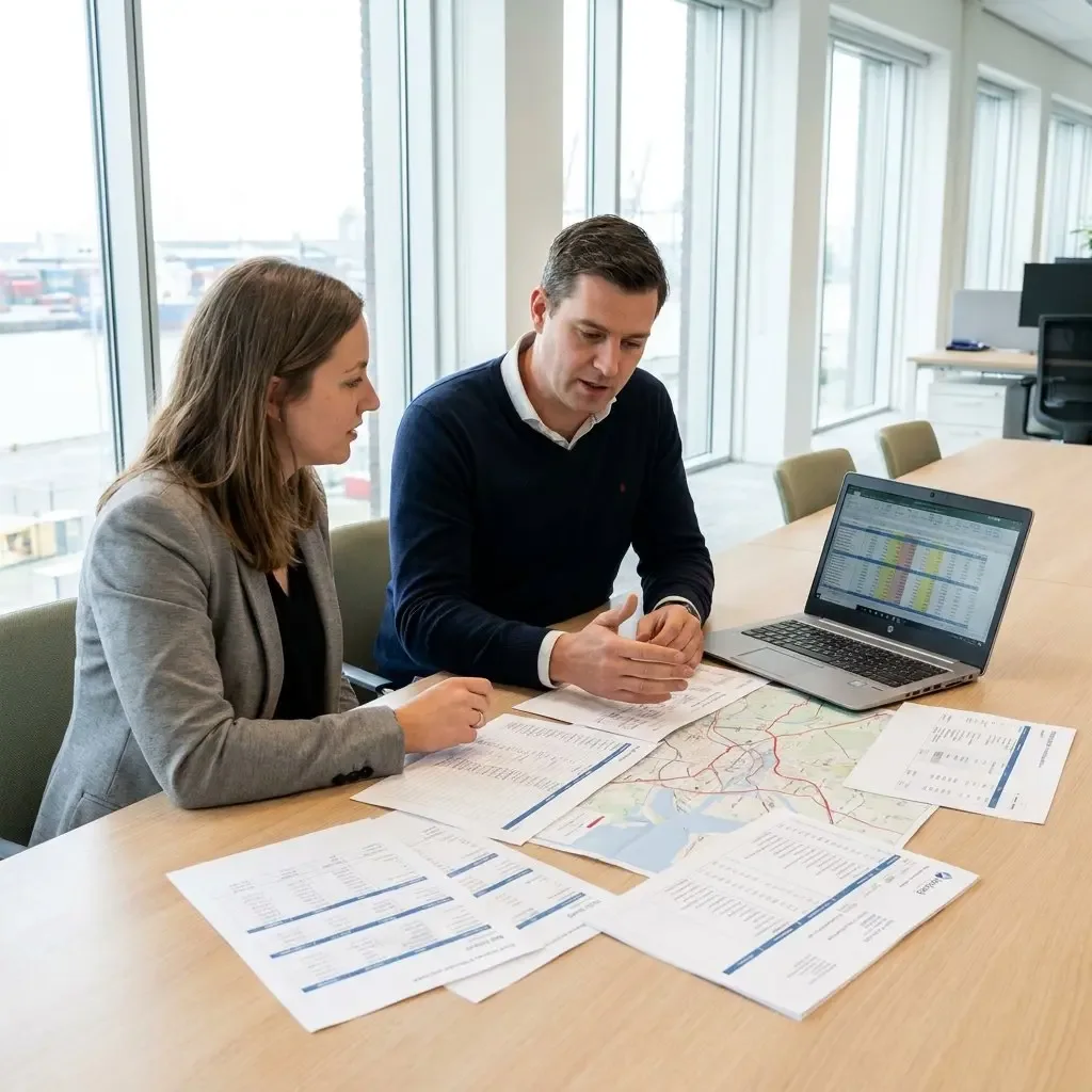 Two professionals discussing documents and a laptop at a table in a modern office.