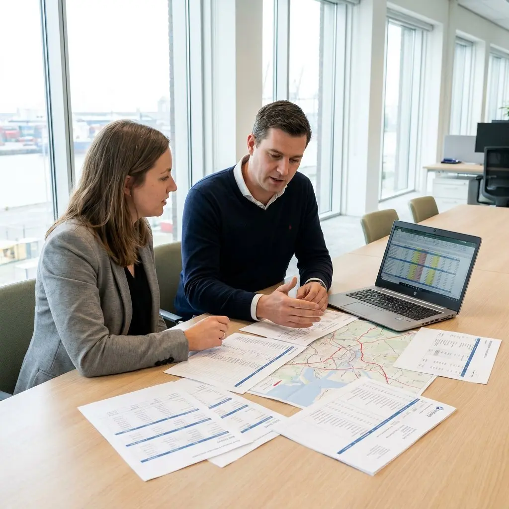 Two professionals discussing documents and a laptop at a table in a modern office.