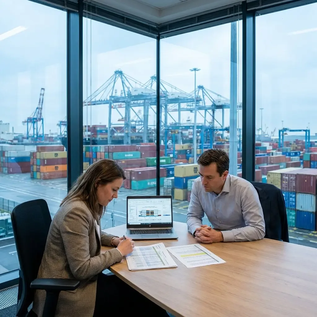 Two professionals discussing documents at a table in an office overlooking a container port.