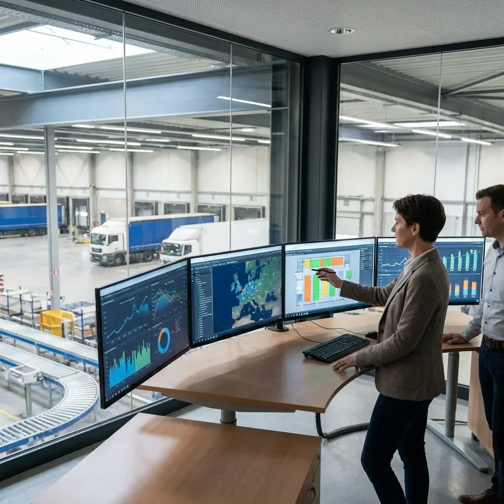 Two professionals monitoring logistics data on multiple screens in a control room overlooking a warehouse.