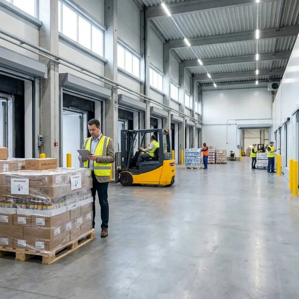 Medewerkers in een magazijn met een heftruck, pallets en goederen bij de laad- en losdeuren.