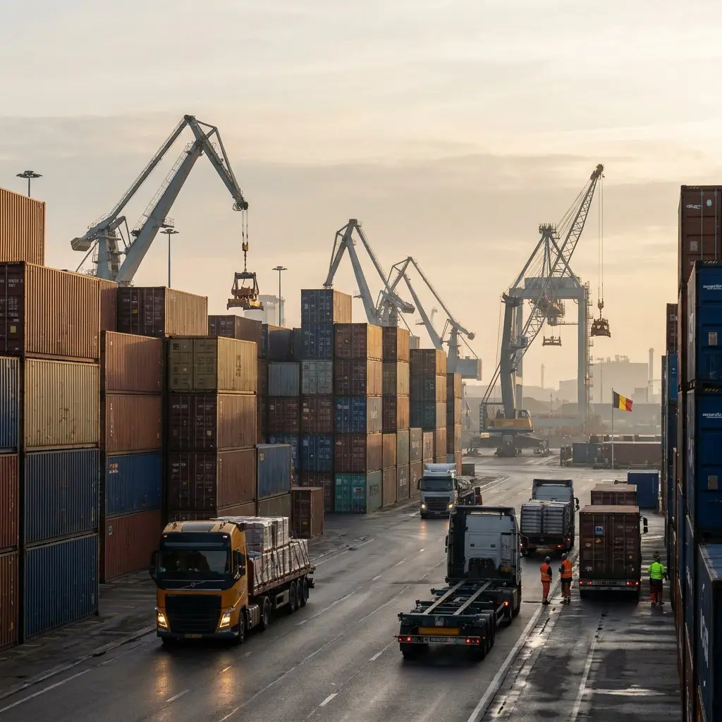 Containerterminal met kranen, gestapelde zeecontainers en vrachtwagens voor het laden en lossen van goederen.