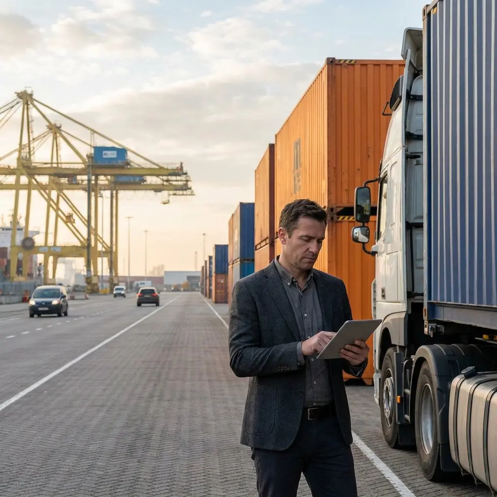 Man in a blazer checks a tablet next to a truck at a container port, with stacked containers and yellow gantry cranes in the background.