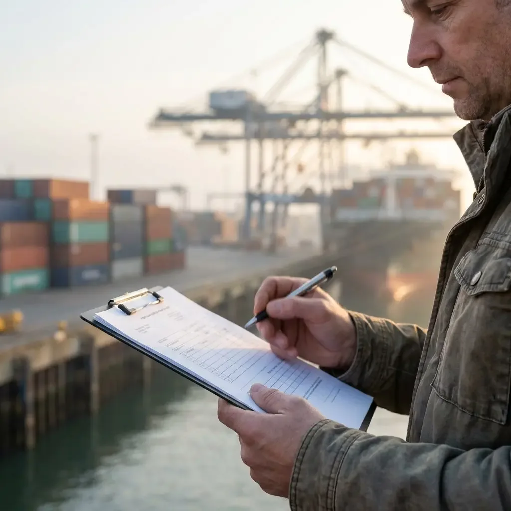 Man checking a bill of lading on a clipboard at a European container port, with cargo cranes and a container ship in the background