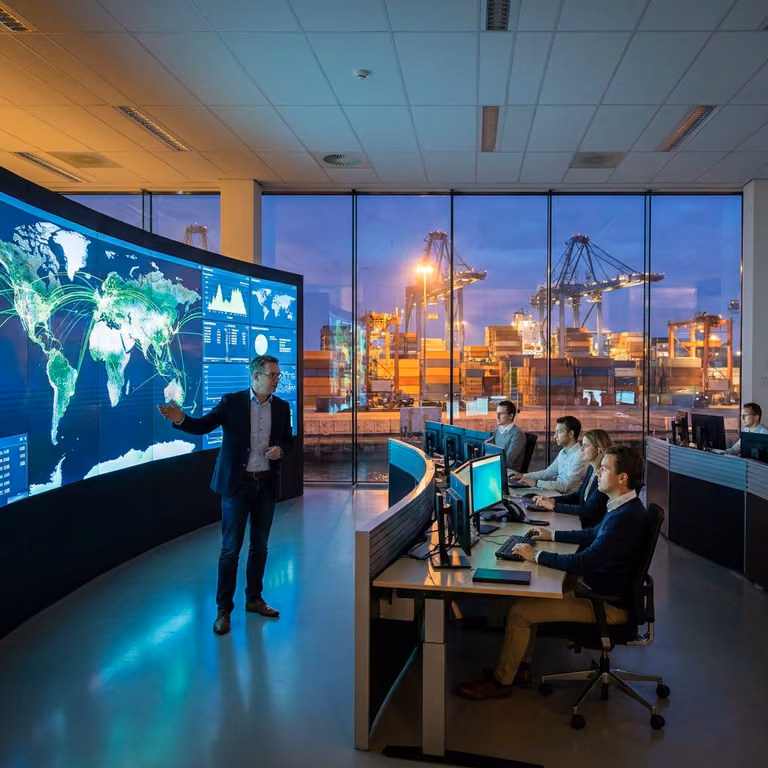 Logistics operations room with shipment monitoring screens.