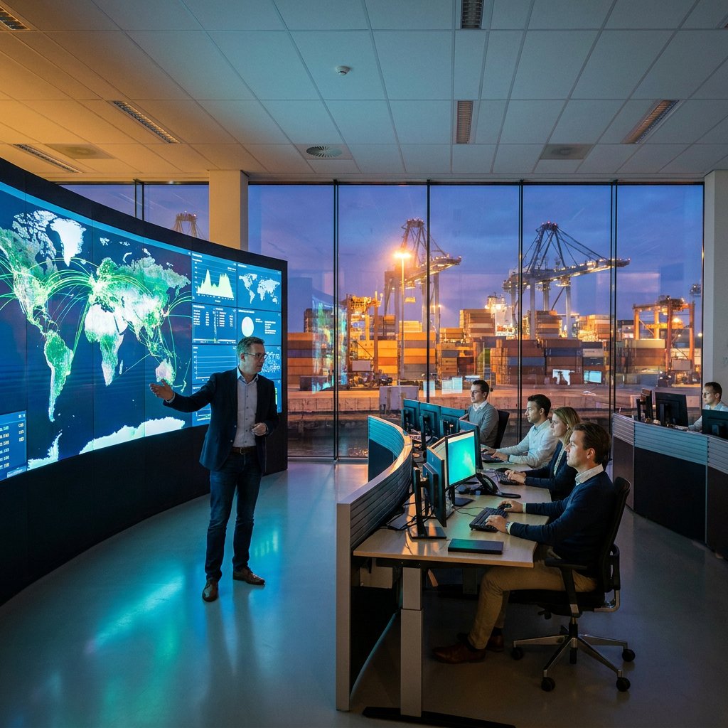 Logistics operations room with shipment monitoring screens.