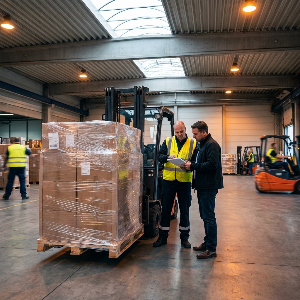 Two workers inspecting palletised goods in a warehouse.