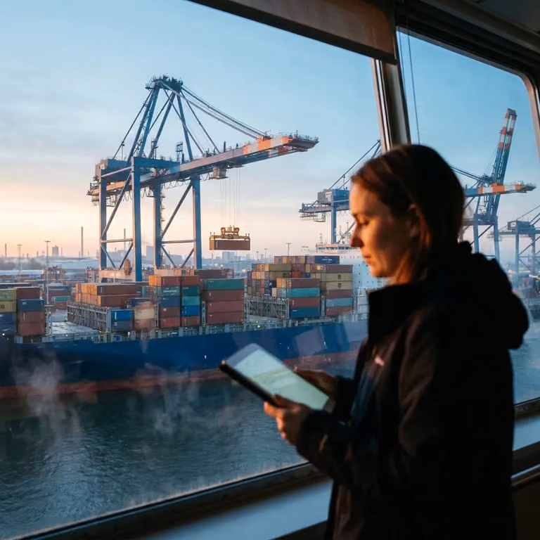 Person reviewing a tablet overlooking a container port.