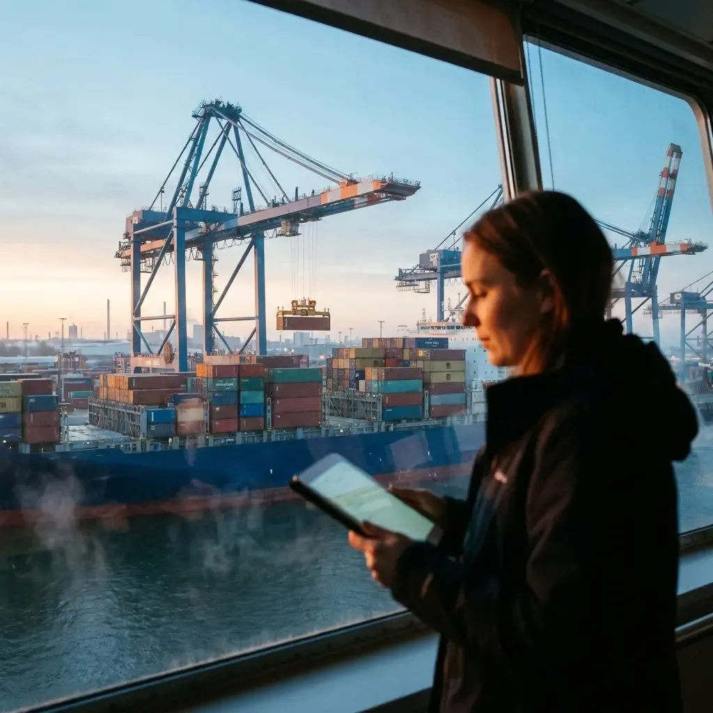 Person reviewing a tablet overlooking a container port.