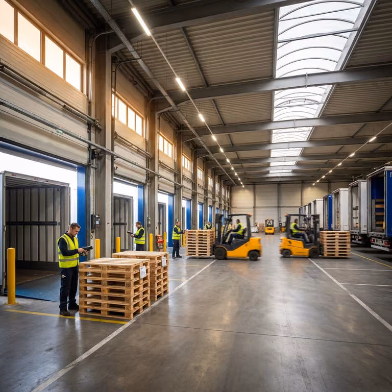 Warehouse handling area with pallets and loading bays.