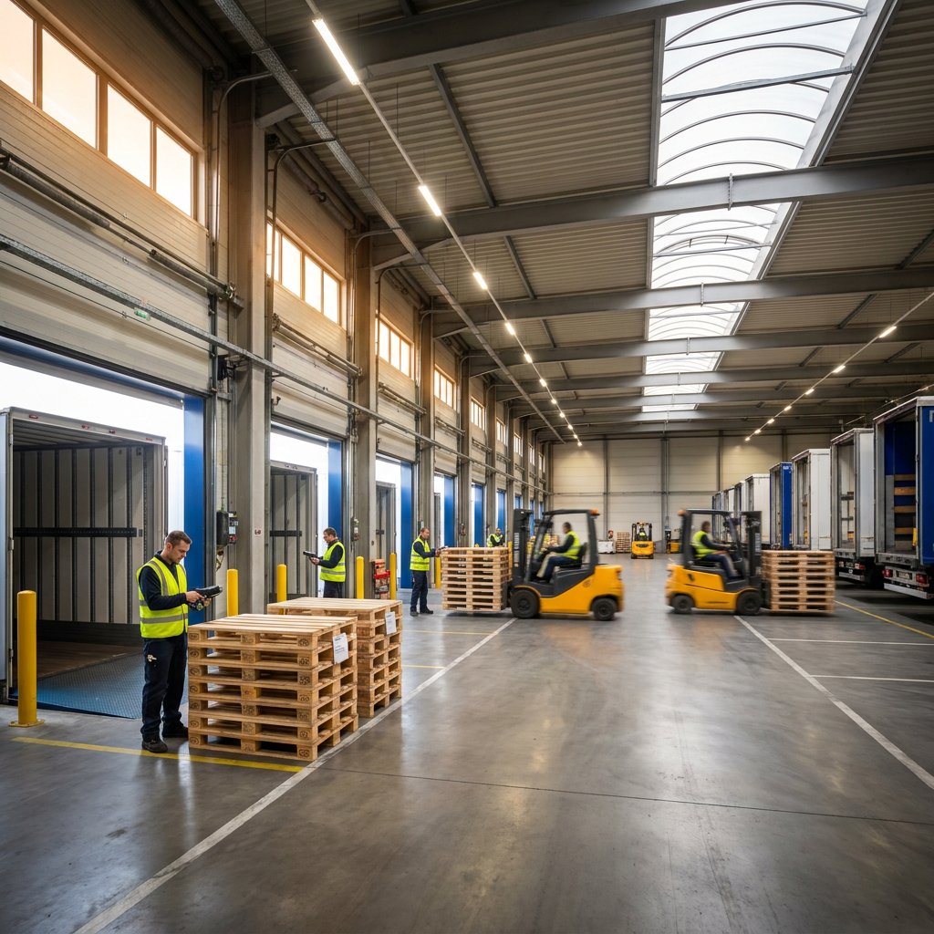 Warehouse handling area with pallets and loading bays.