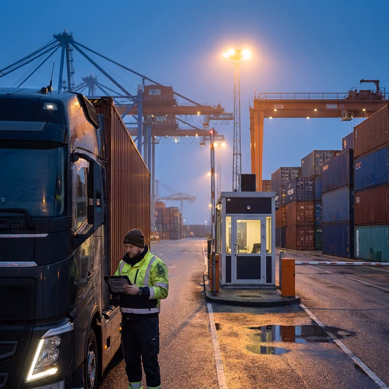 Truck driver at a container terminal after dark.