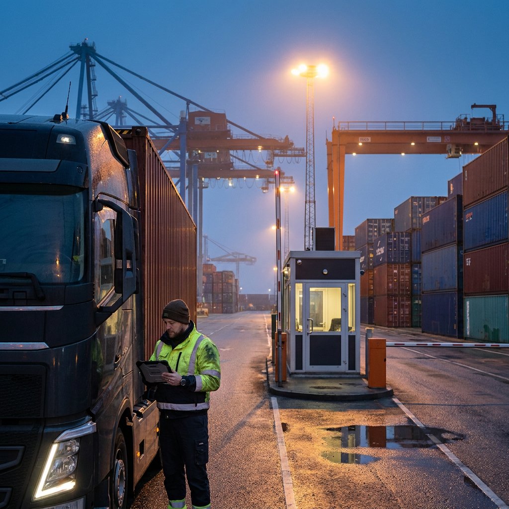 Truck driver at a container terminal after dark.