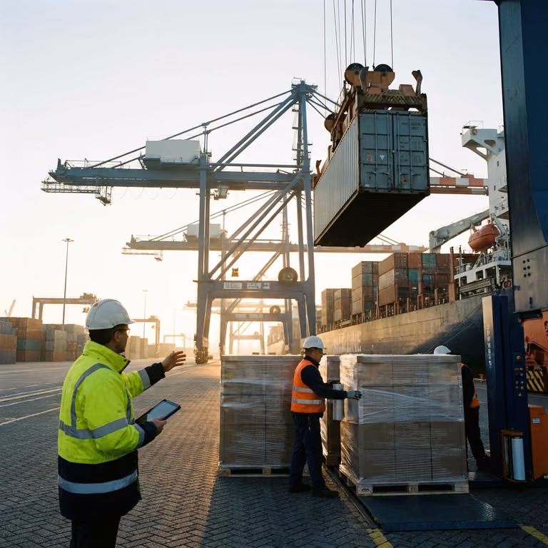 Workers coordinating container handling at a terminal.