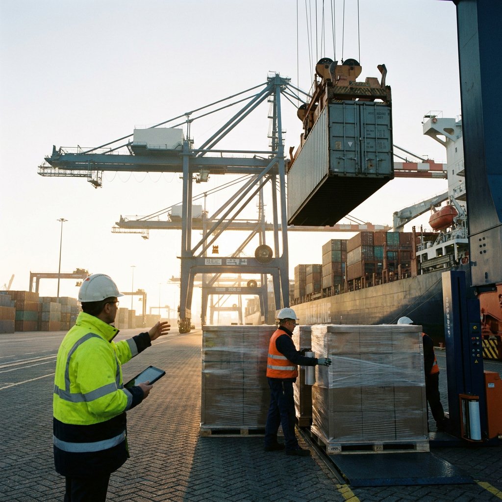 Workers coordinating container handling at a terminal.