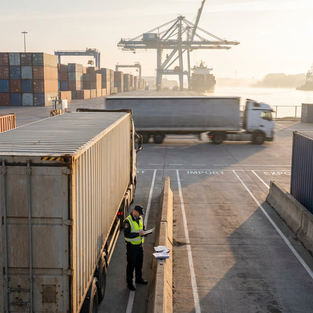 Worker beside a container as trucks move through a terminal.