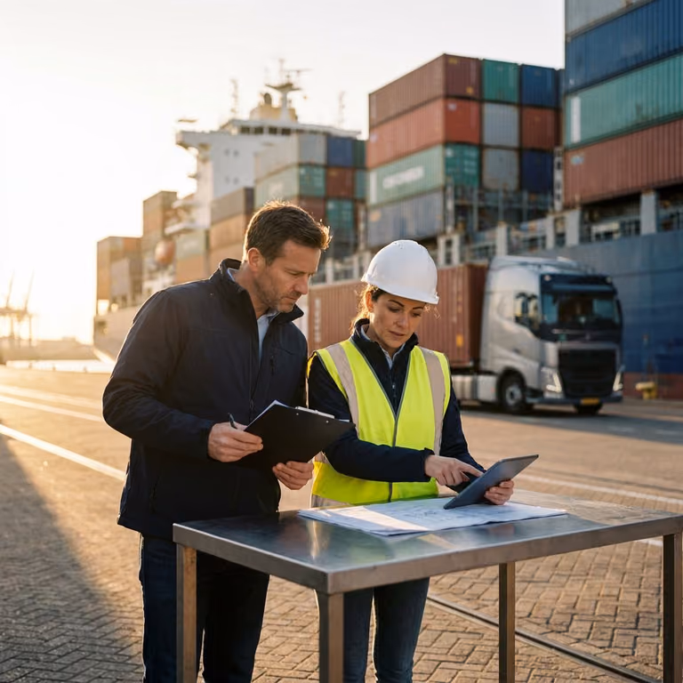 Two people reviewing shipment documents at a container terminal.