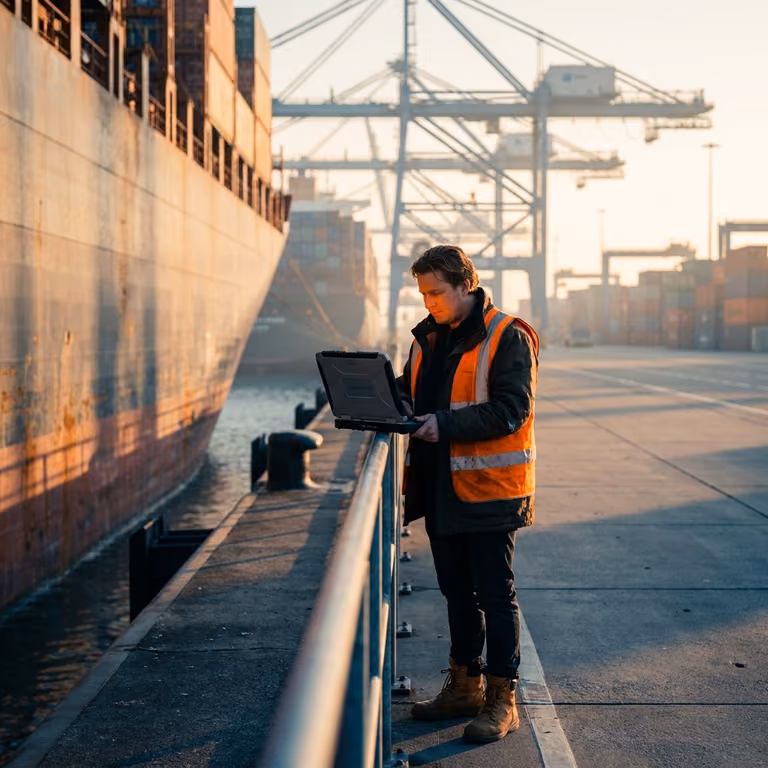 Worker using a laptop beside a cargo vessel.