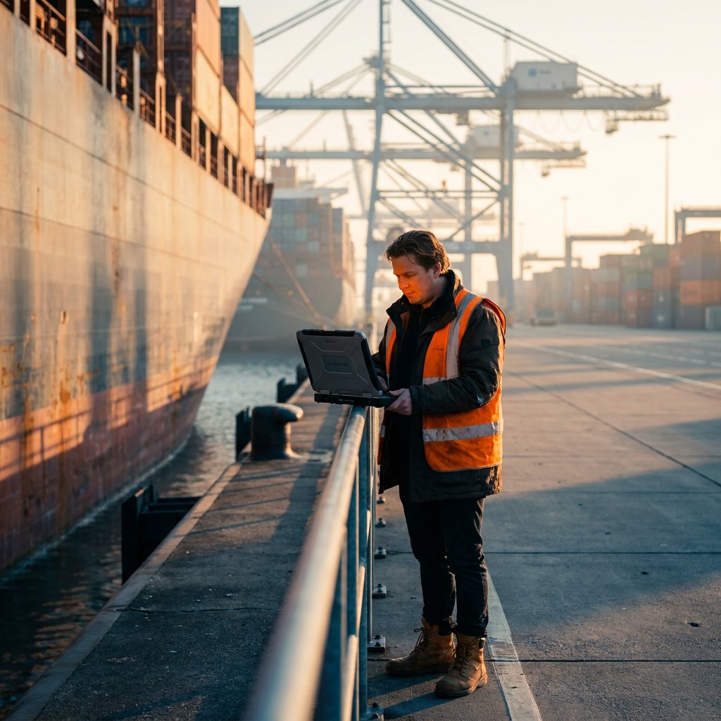 Worker using a laptop beside a cargo vessel.