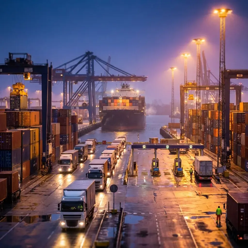 Trucks and container cranes at a busy terminal after dark.