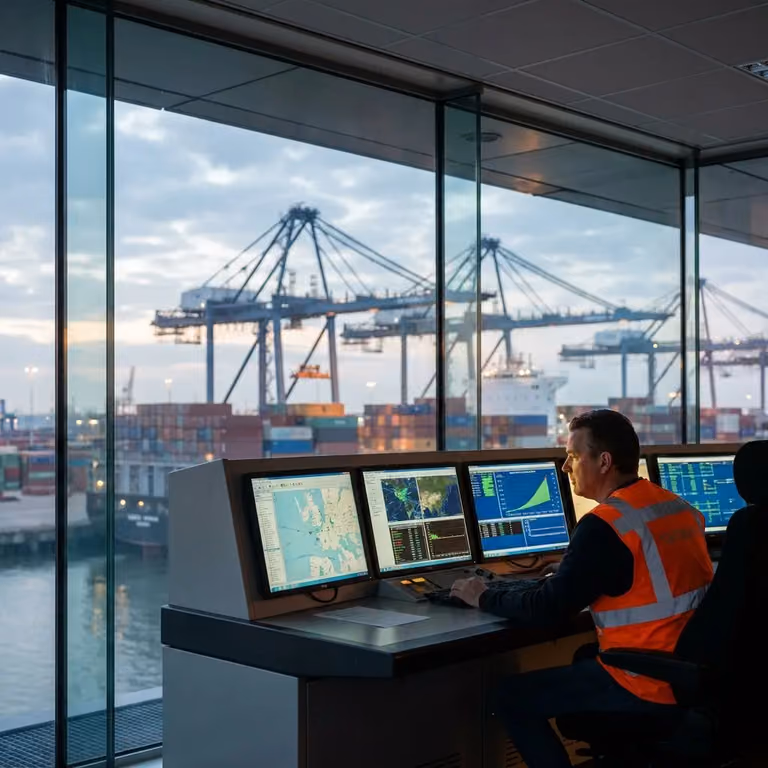A port operator monitors cargo data from a control room overlooking container cranes.