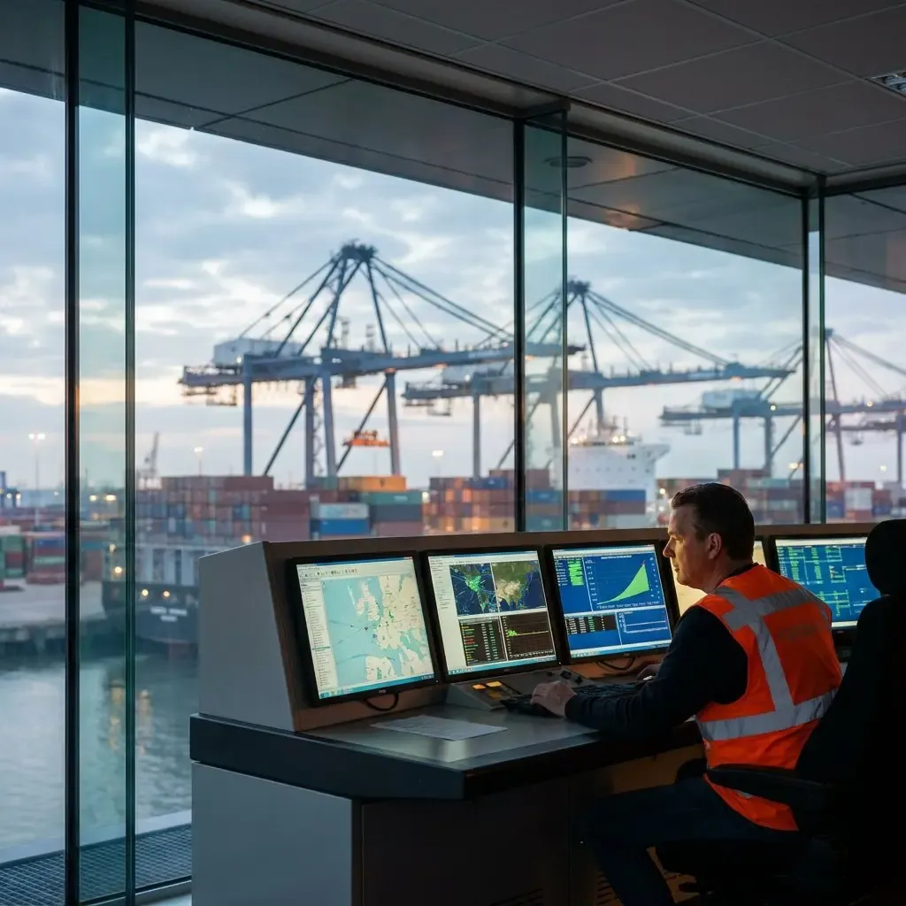 A port operator monitors cargo data from a control room overlooking container cranes.