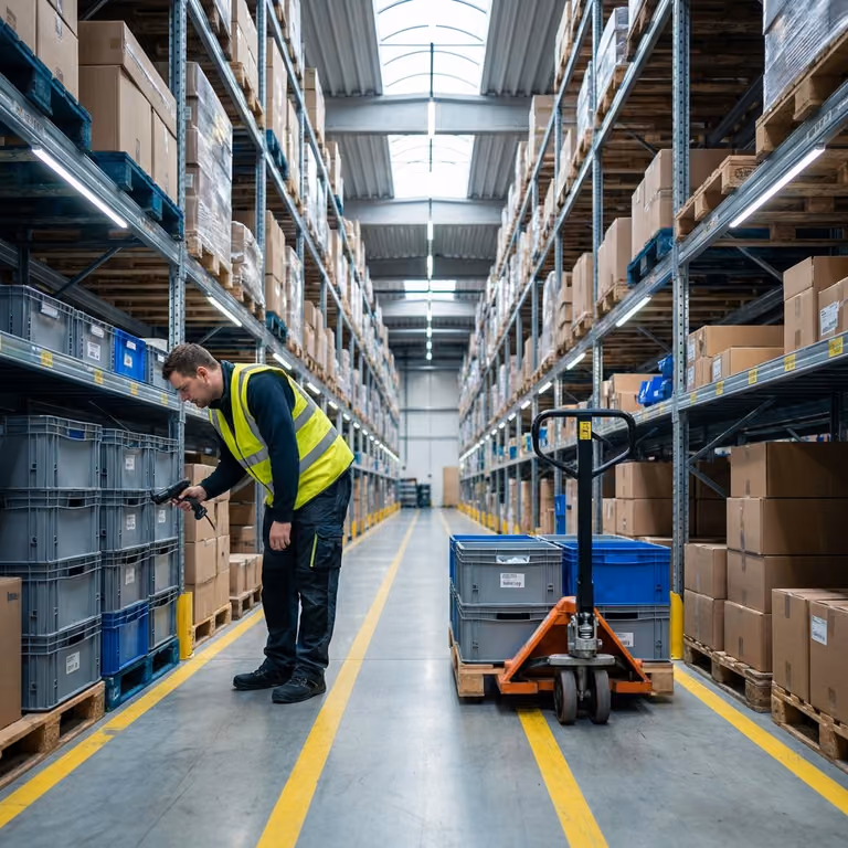 Worker checking inventory on warehouse racks.