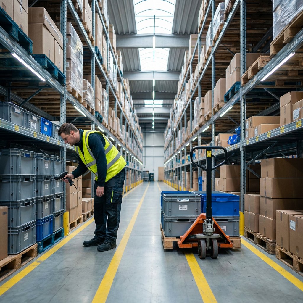 Worker checking inventory on warehouse racks.