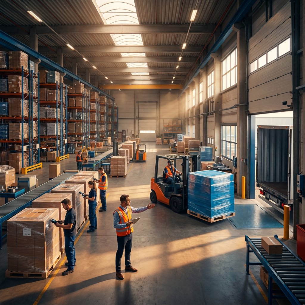Workers and forklifts handling cargo in a warehouse.
