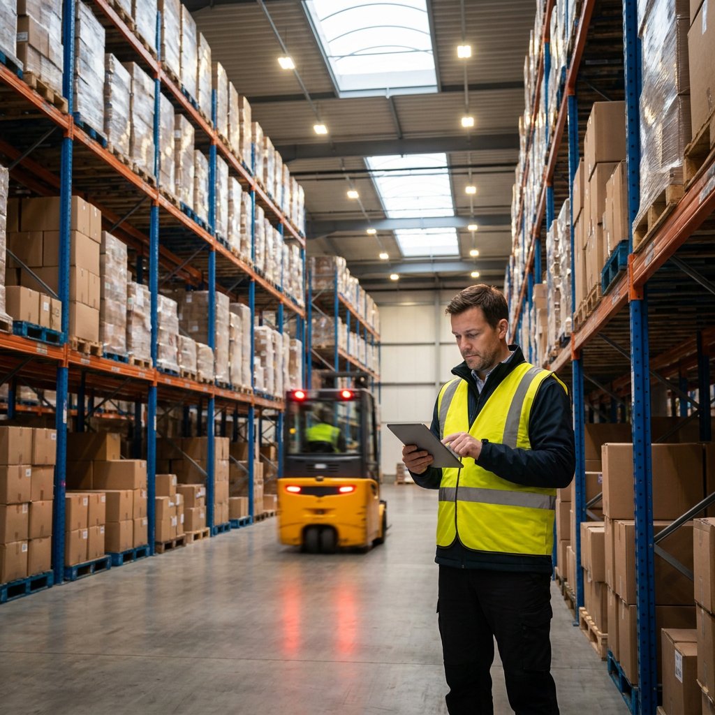 Worker with a tablet beside warehouse storage racks.