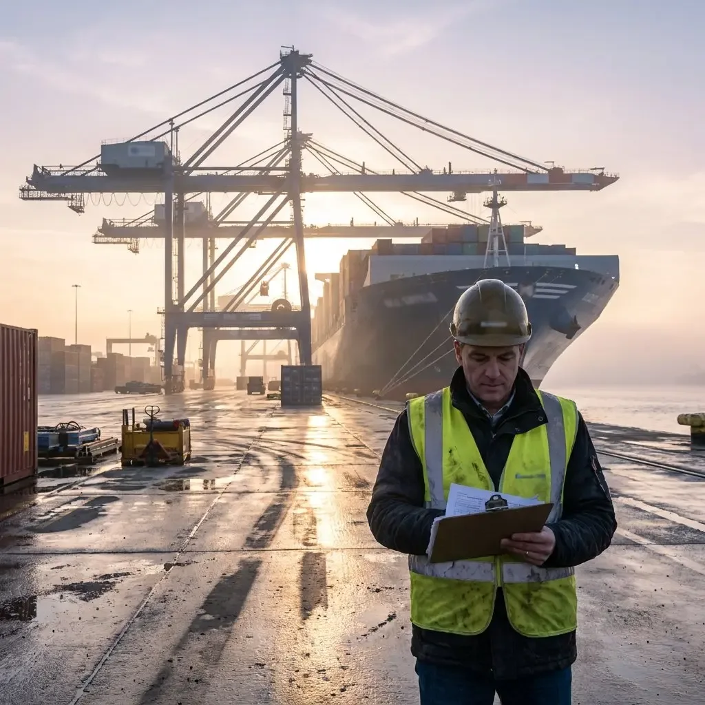 A port worker checking documents in front of a large cargo ship and container cranes.