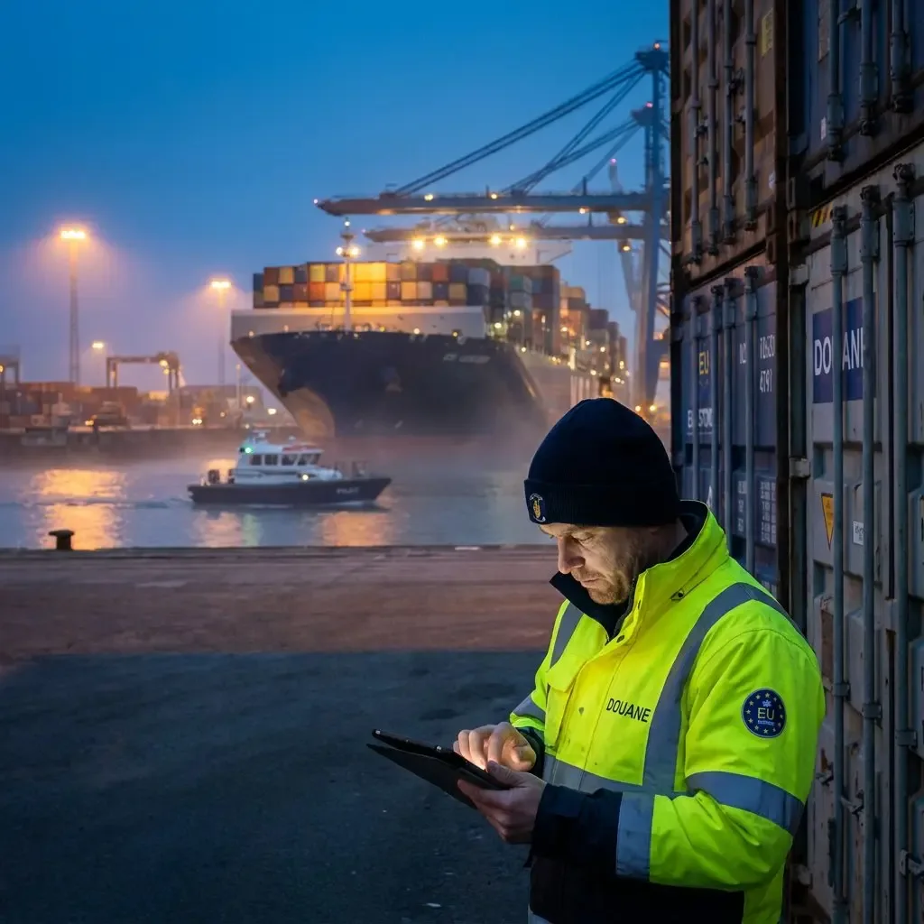 A customs officer inspecting cargo information on a tablet at a busy container port.