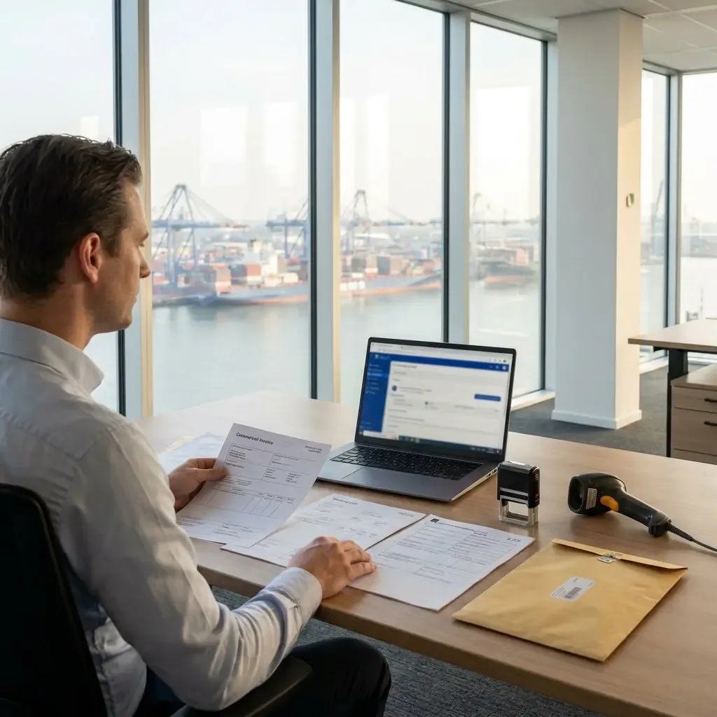 A man reviewing documents and invoices at his desk in a professional office overlooking a busy port.