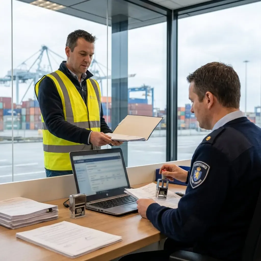 A port worker submitting documents to a customs officer for inspection.