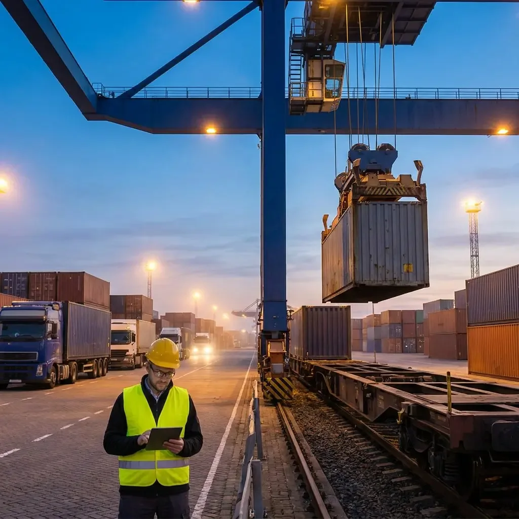 A port worker monitoring container loading operations on a tablet.