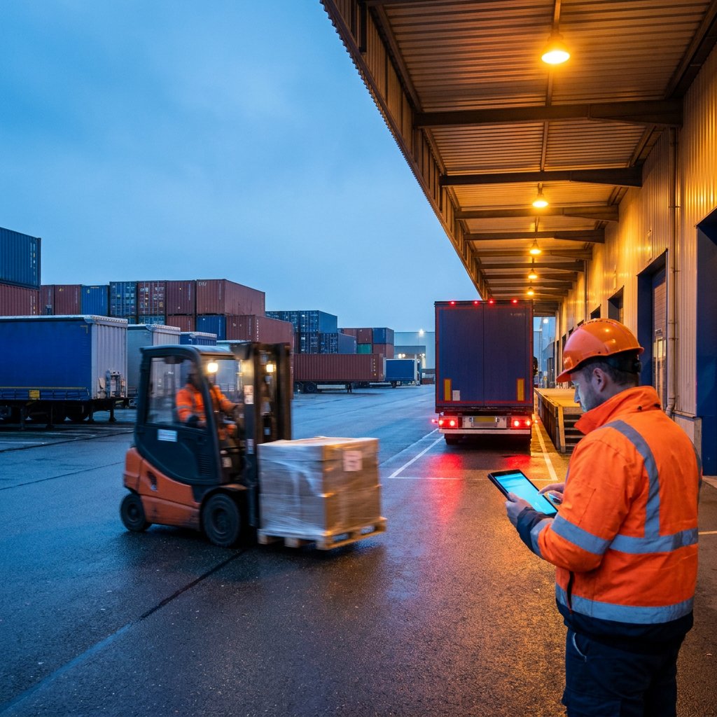 A forklift moves a wrapped pallet across a wet yard at dusk while a worker in a hi-vis jacket checks a tablet beside a loading dock.