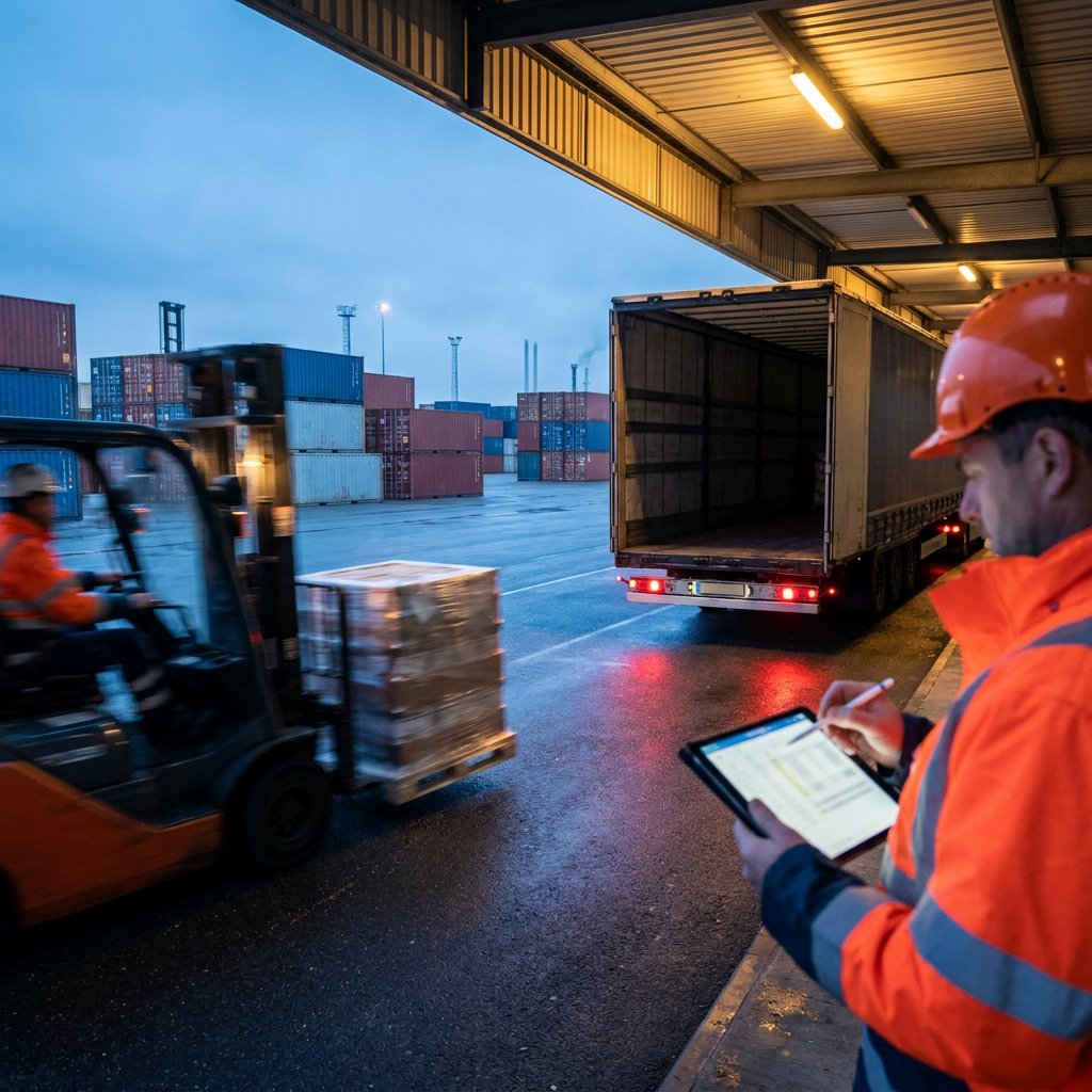 A forklift carries a pallet towards an open trailer at a loading dock while a worker in a hard hat notes details on a tablet.