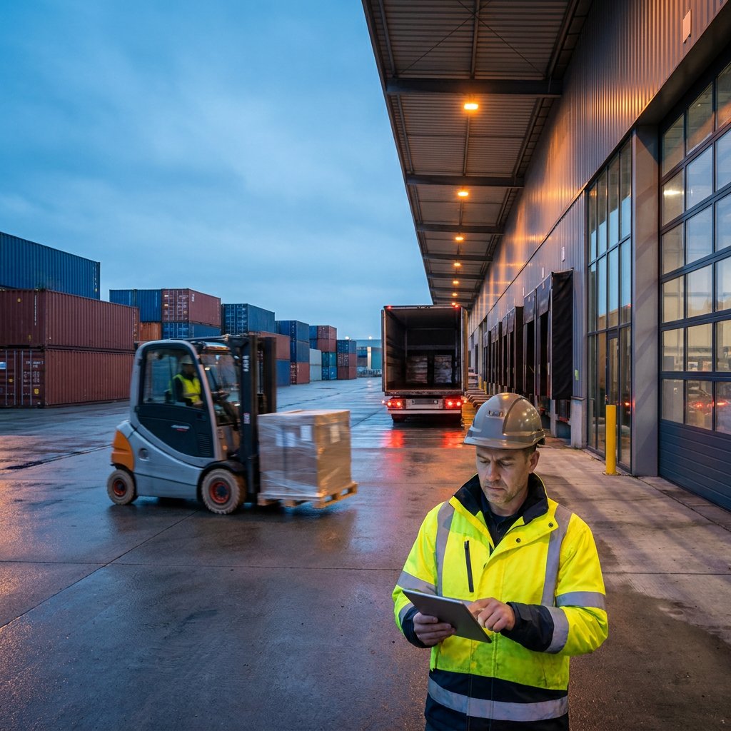 Worker with a tablet near a forklift and containers.