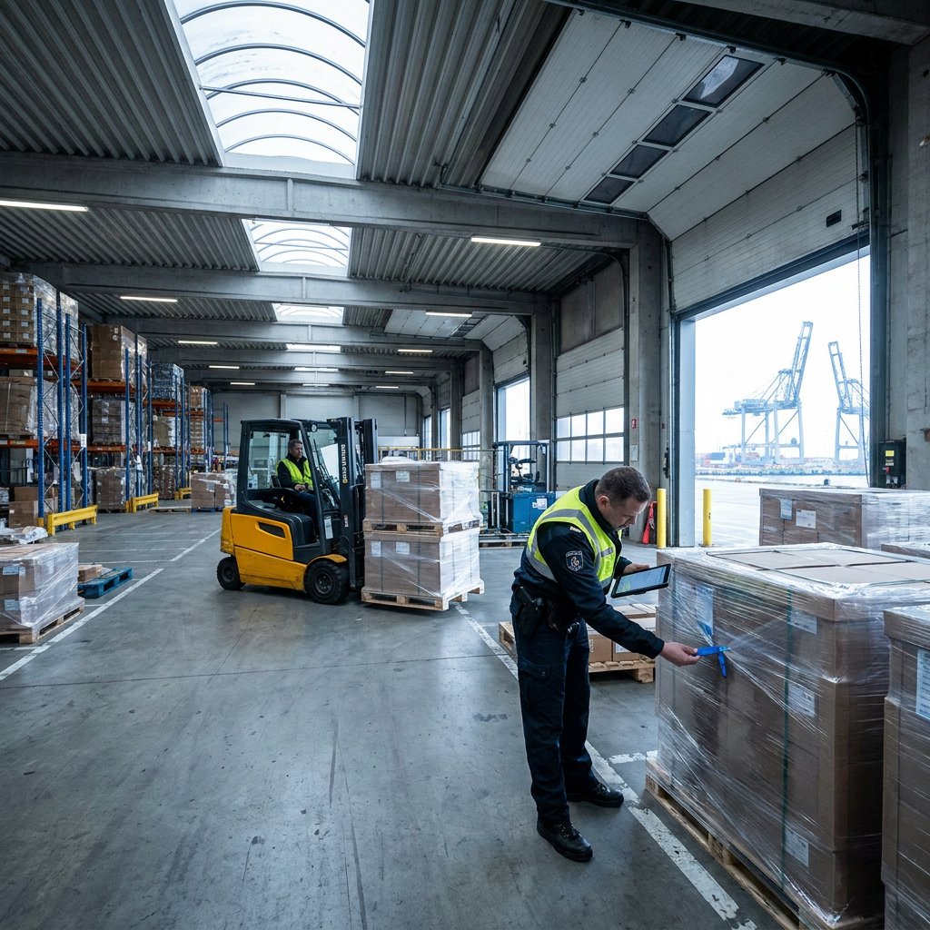 A customs officer checks the seal on a wrapped pallet inside a warehouse, with a forklift behind and port cranes through the open door.