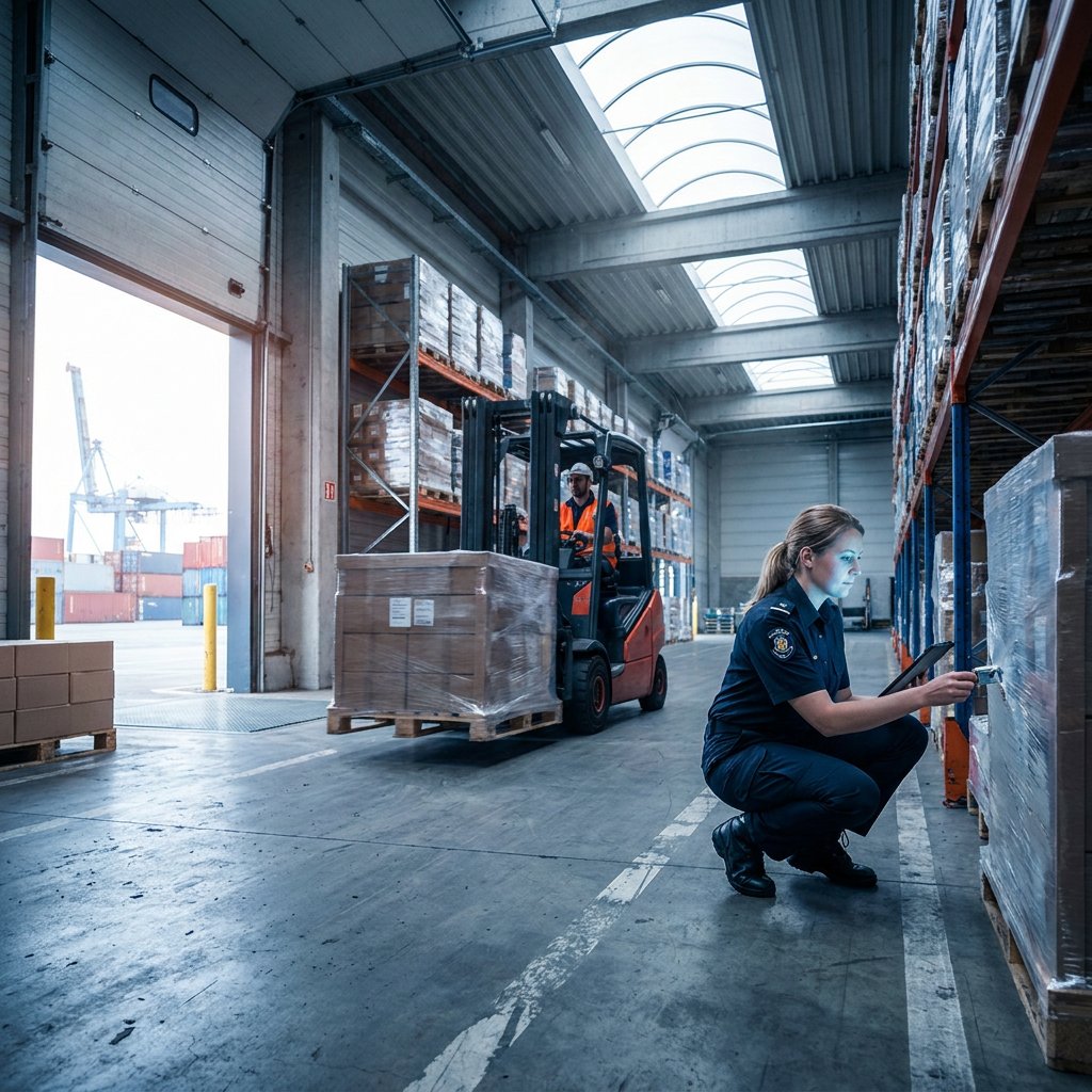 A customs officer crouches to scan a label on a wrapped pallet inside a bonded warehouse, with a forklift and port cranes behind.