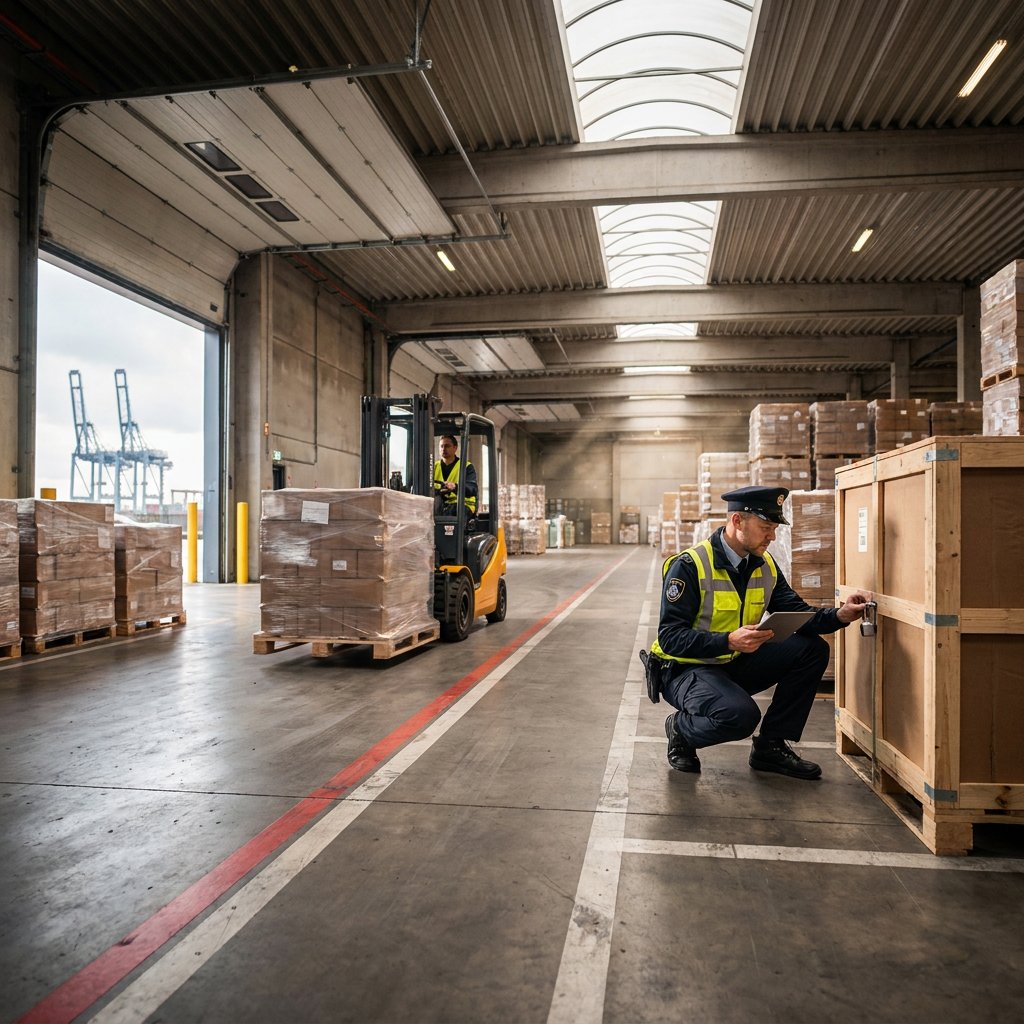 Worker checking boxed cargo in a warehouse.
