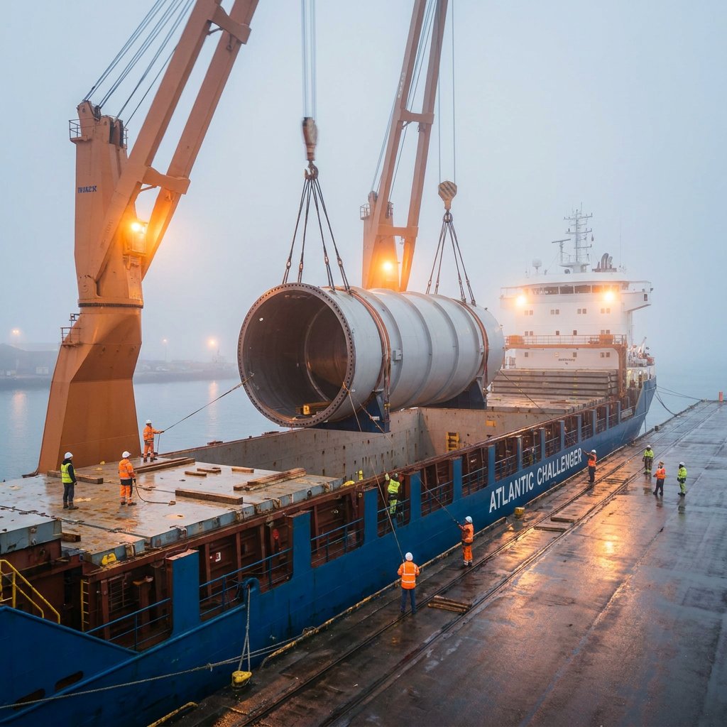 Two ship cranes lift a large steel cylinder onto the deck of a breakbulk vessel at a foggy quay, with crew guiding the load.