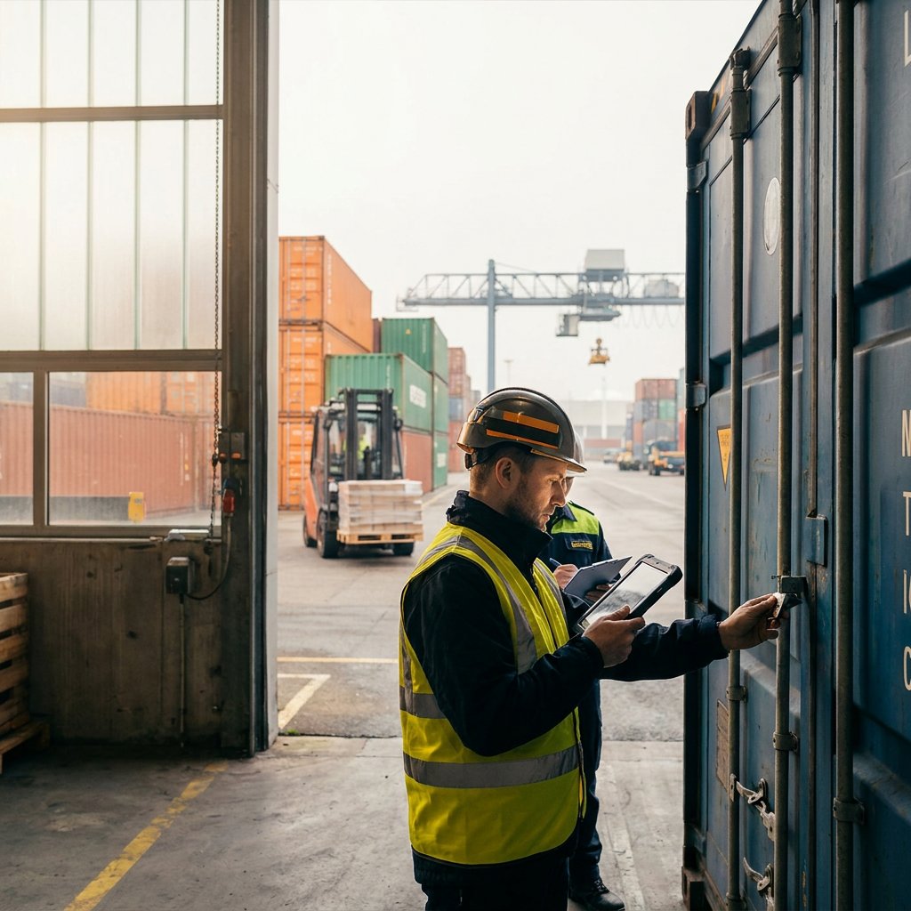 Two inspectors check the seal on a blue container door at a warehouse gate, with stacked containers and a forklift behind.