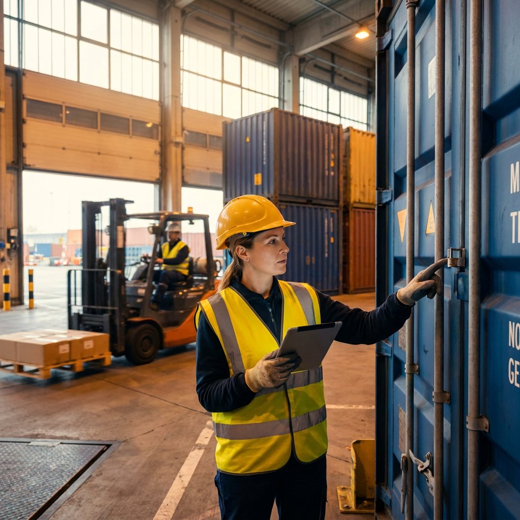 An inspector in a yellow hard hat opens the lock on a blue container door inside a warehouse, holding a tablet.