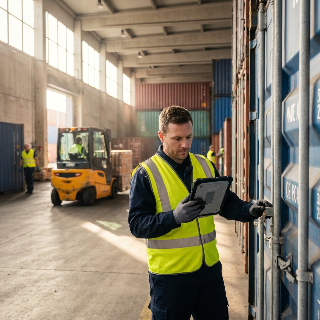 Worker checking a tablet beside a container in a warehouse.