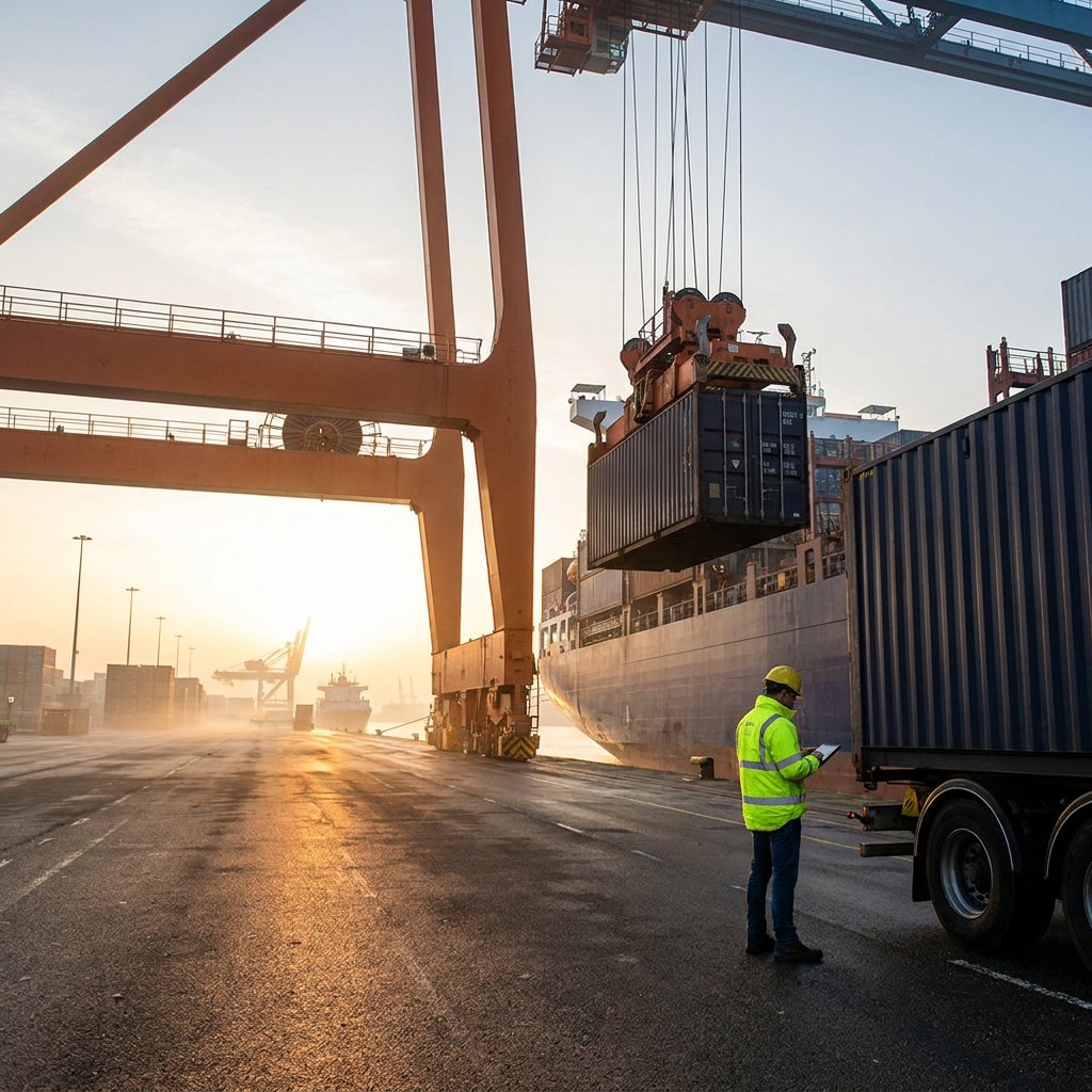 A quay crane lifts a full container from a ship at sunrise while a worker with a tablet stands beside a waiting container truck.