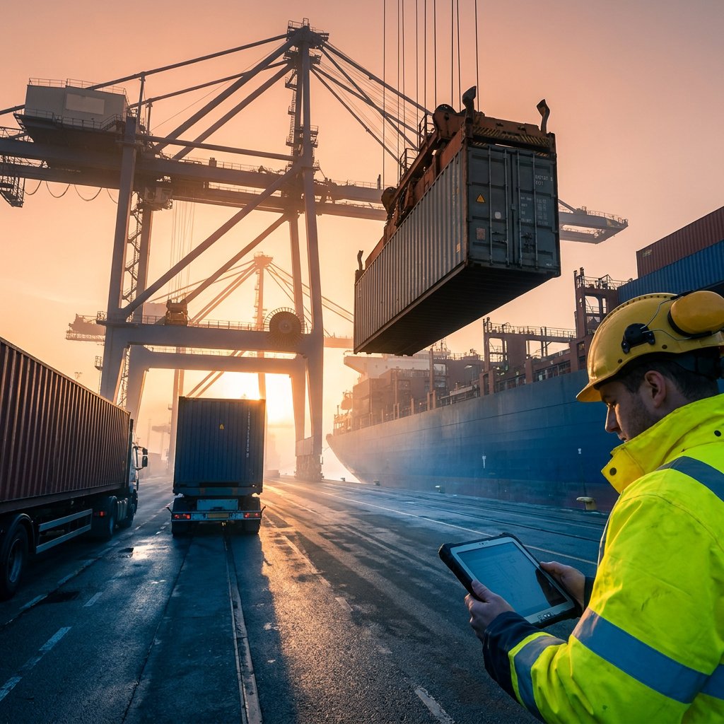 A quay crane lowers a container towards a truck at sunrise while a worker in a yellow hard hat reviews a tablet in the foreground.