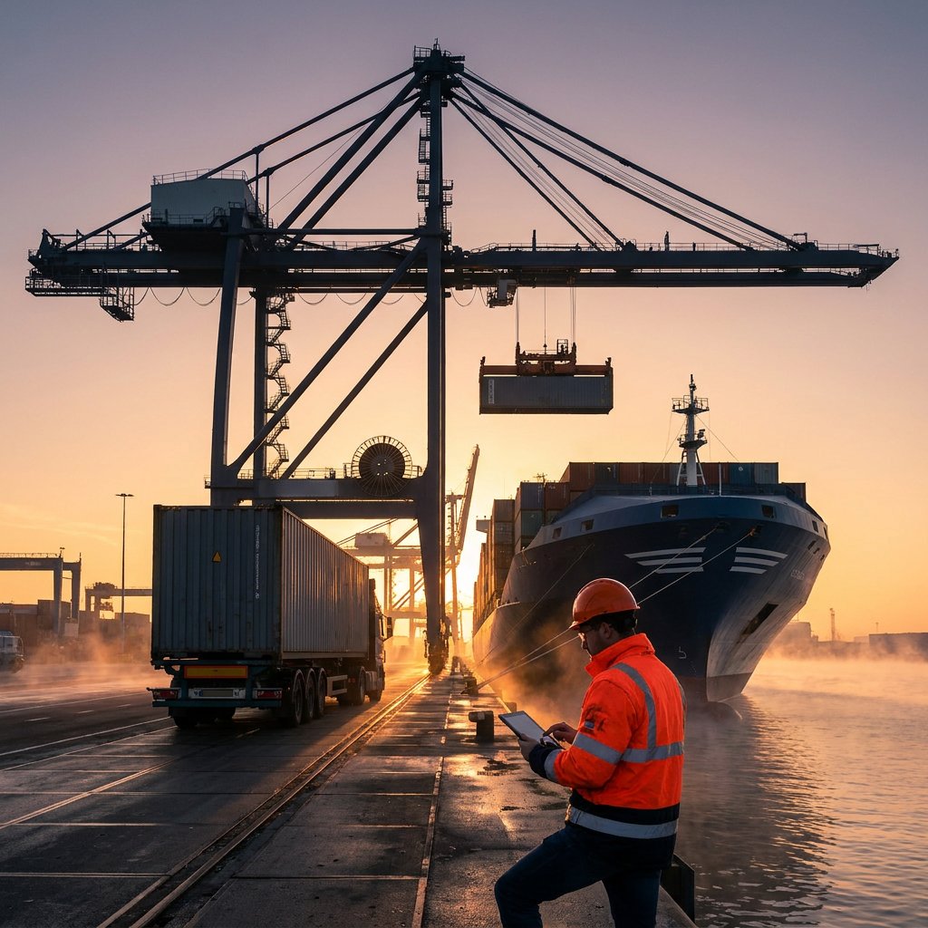 Worker beside a container vessel under a quay crane.