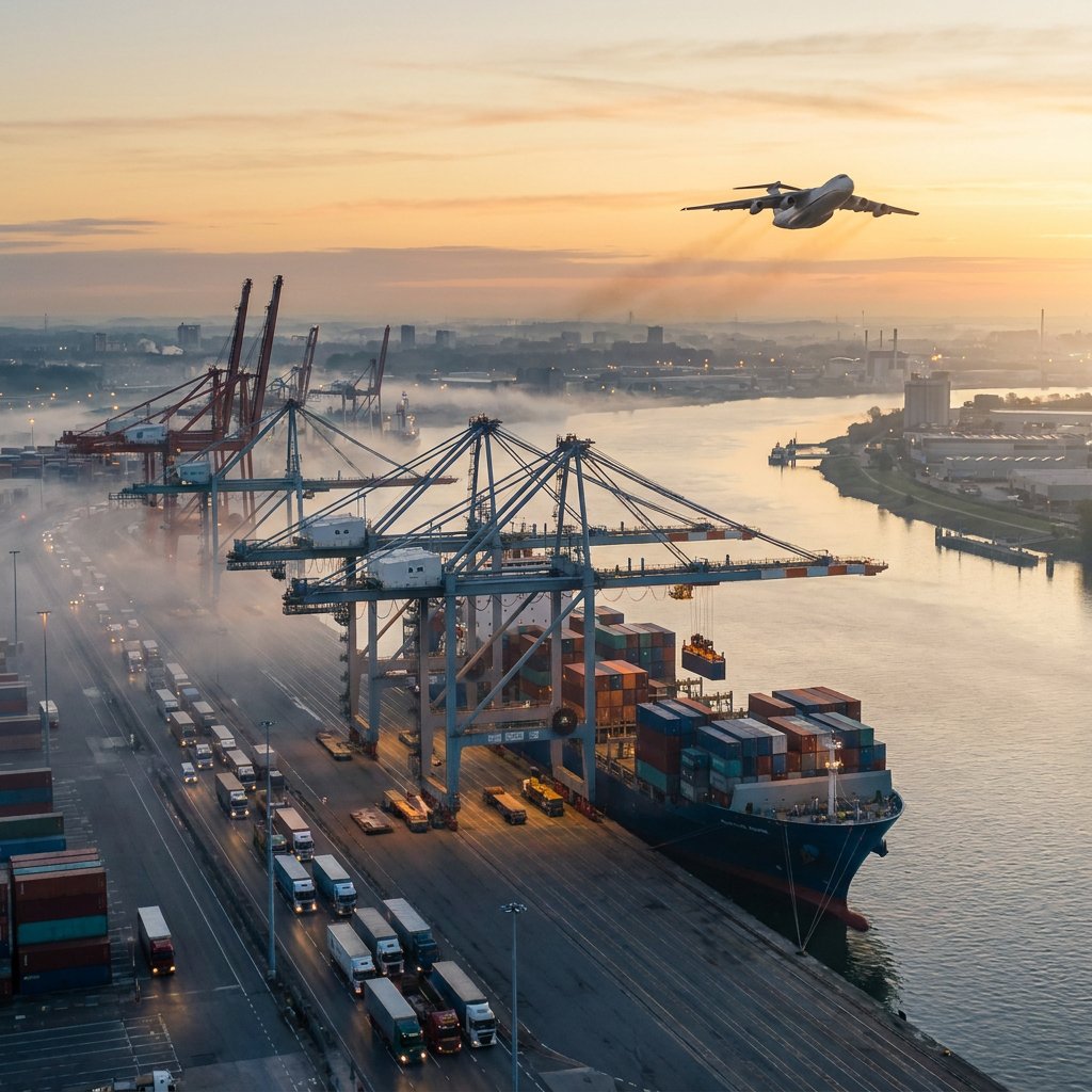 Aerial view of a container terminal at sunrise, with quay cranes over a ship, a line of trucks on the quay, and a cargo plane overhead.