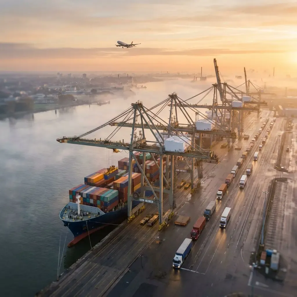 Aerial view of container vessels and cranes along a quay.